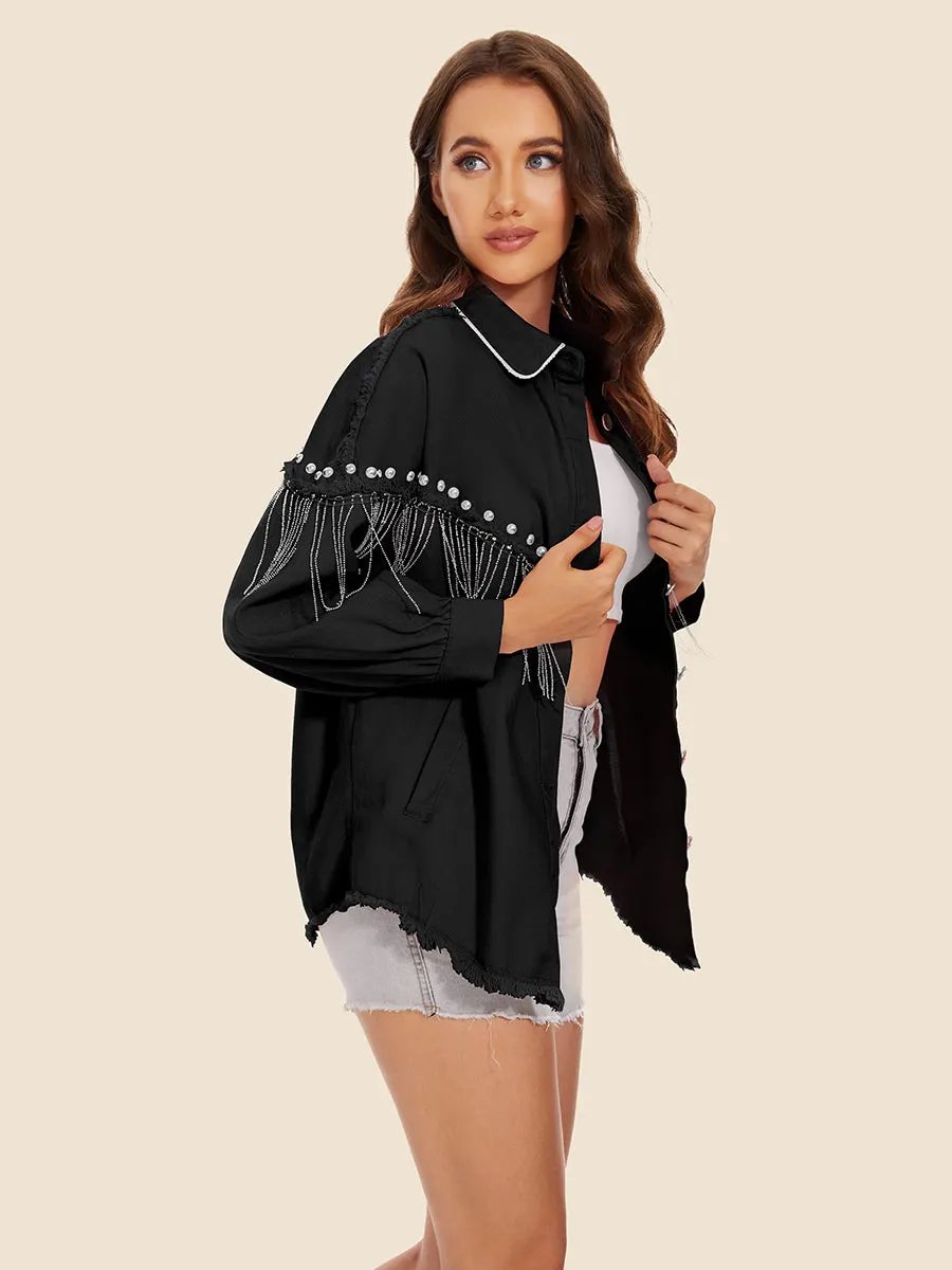 Raw Hem Fringe Detail Denim Jacket by Partner Label