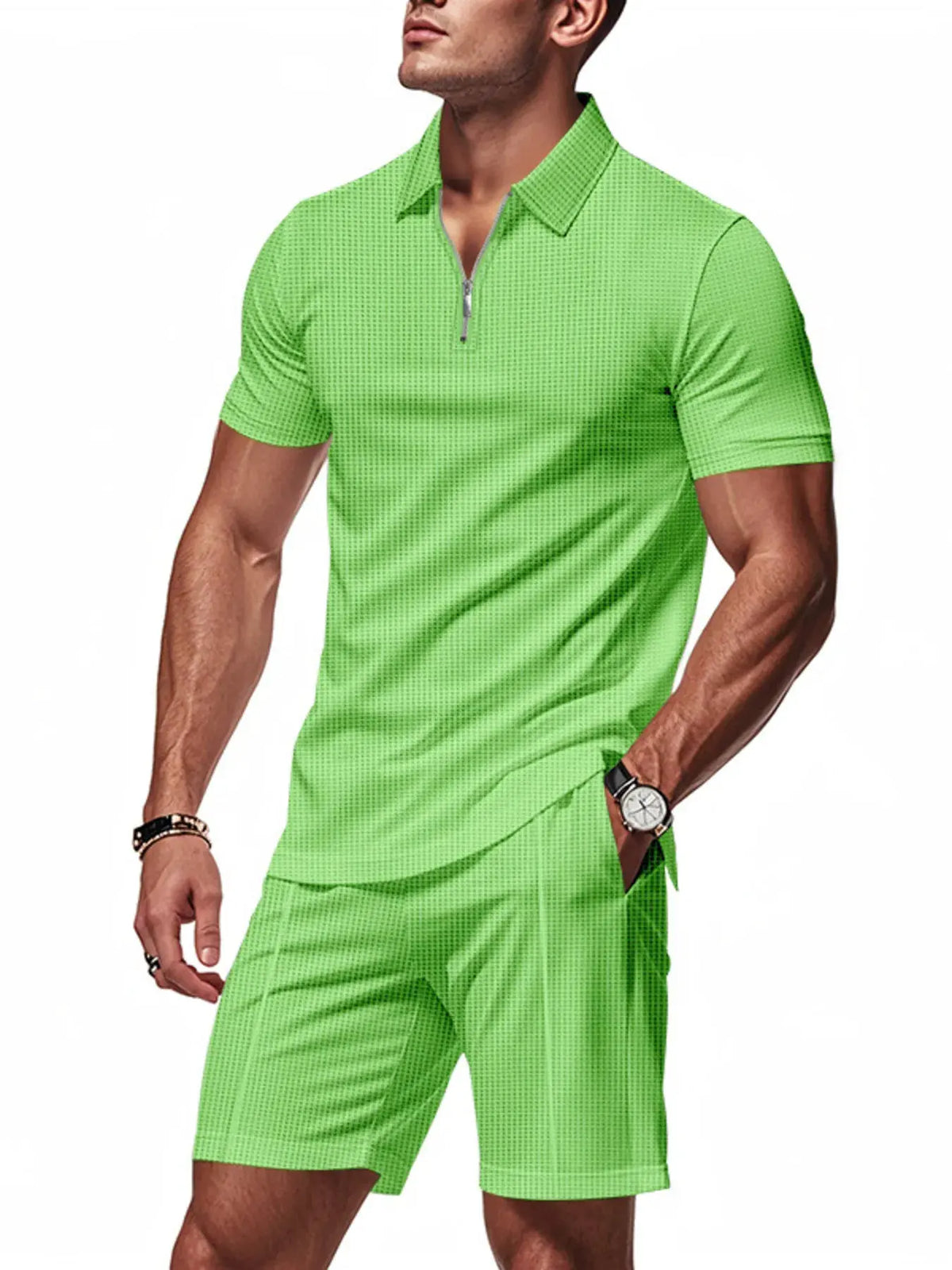 Men's Plus Size Quarter Zip Short Sleeve Top and Shorts Set by Trendsi