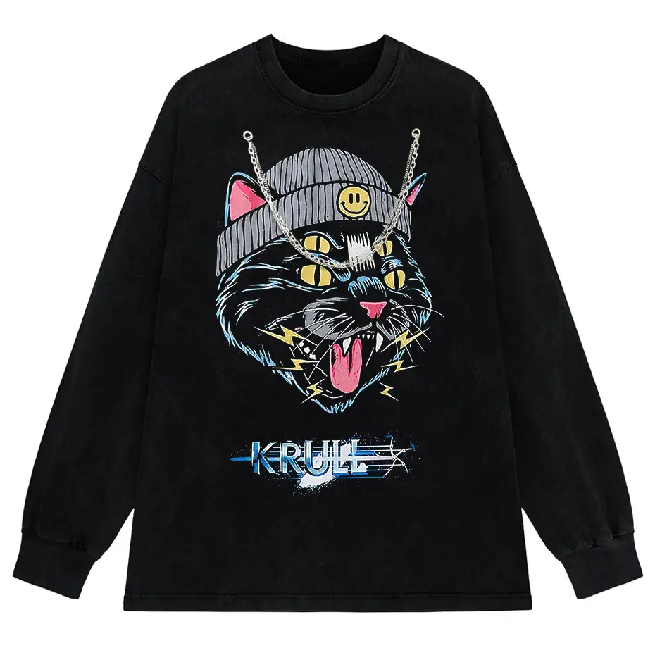 Hip Hop Oversized Cat Graphic T-Shirt Washed Cotton Streetwear Harajuku Tee by Vimost Shop
