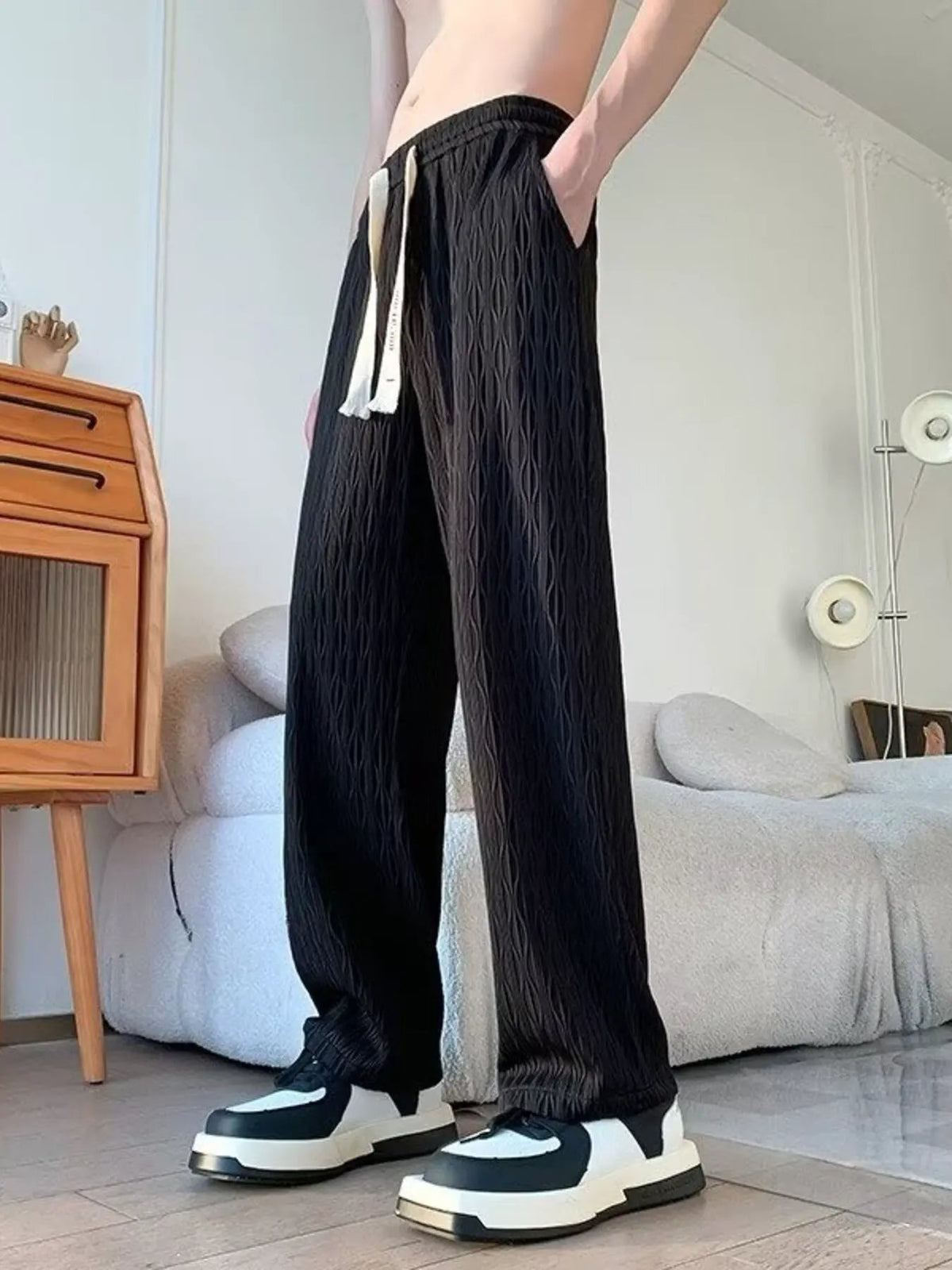Men's Textured Wide-Leg Drawstring Pants by Partner Label
