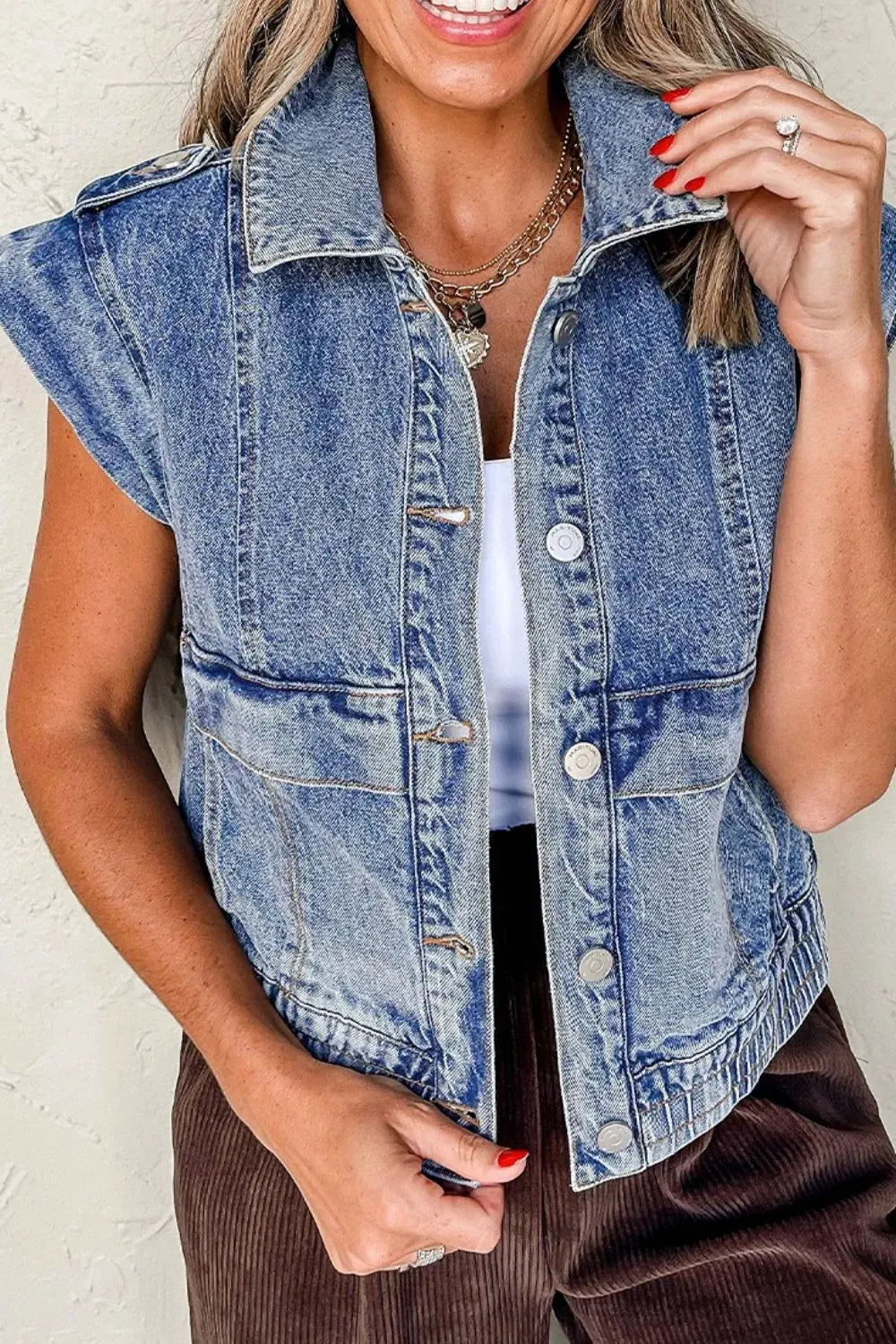 Button Up Cap Sleeve Denim Jacket by Partner Label