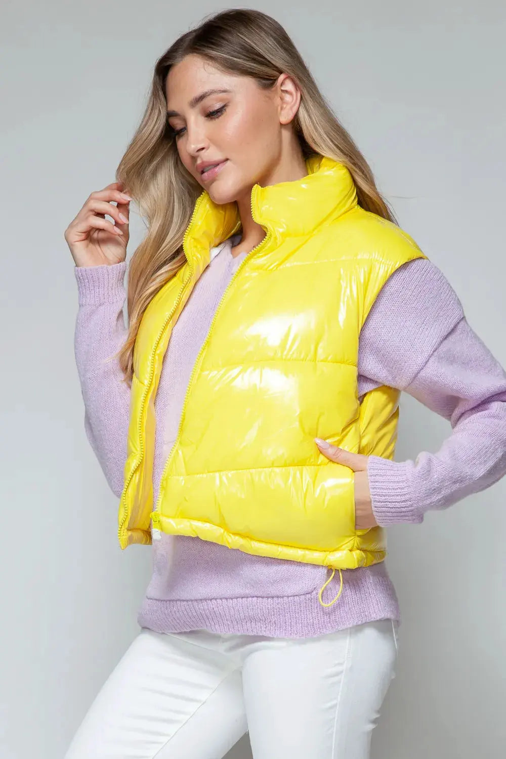 Snobbish Zip Up Turtleneck Shiny Quilted Vest by Snobbish