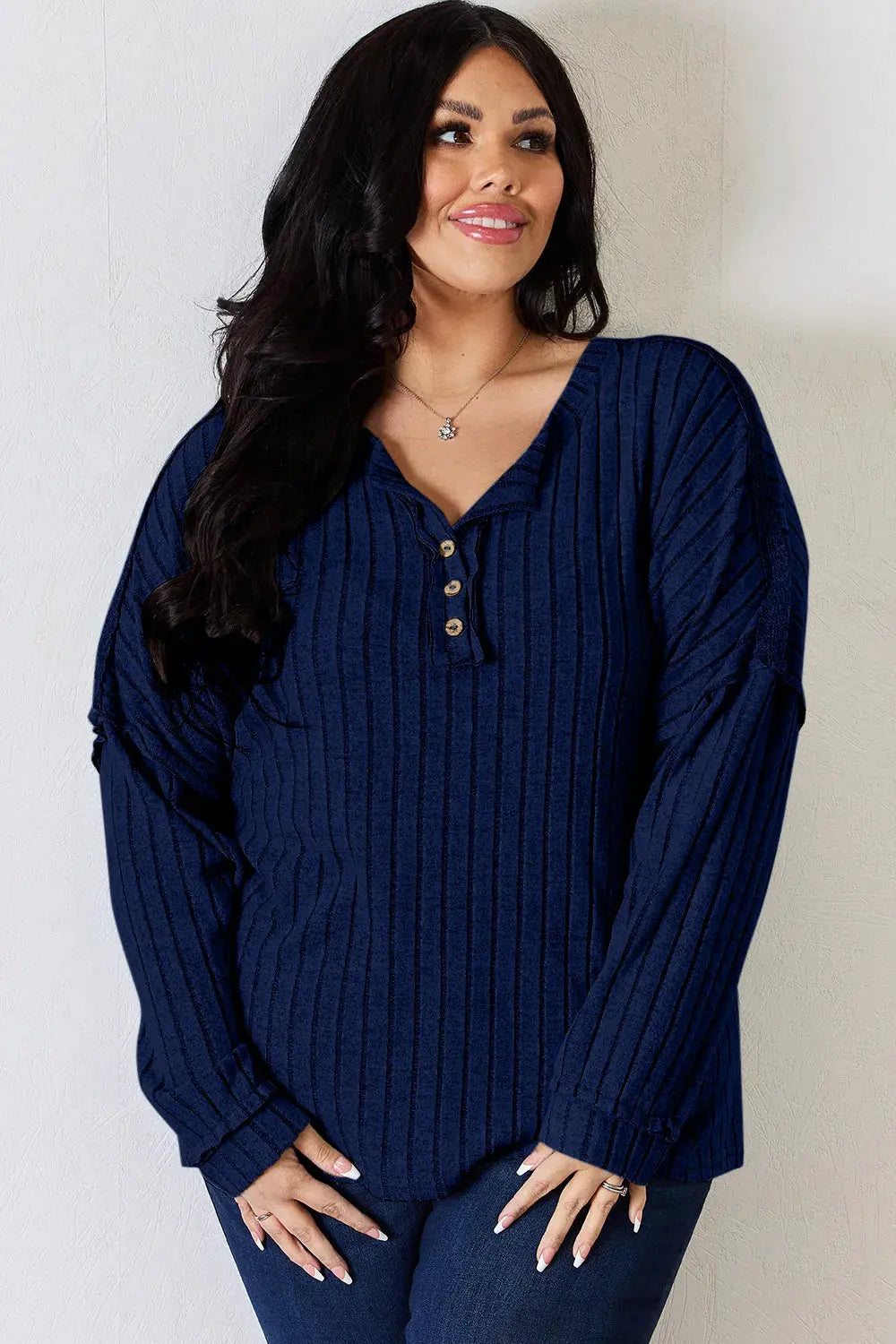 Basic Bae Full Size Ribbed Half Button Long Sleeve T‑Shirt | Partner Labels Selection by Partner Label