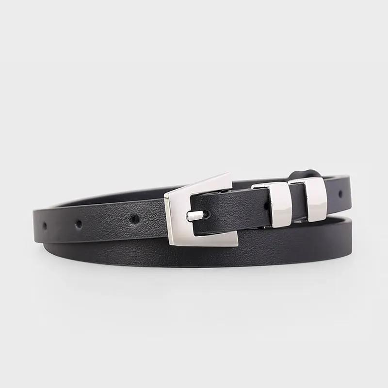 Skinny Leather Belt with Silver Buckle by Trendsi