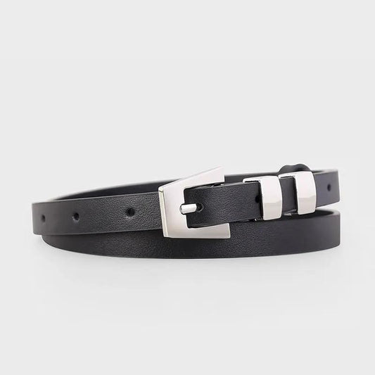 Skinny Leather Belt with Silver Buckle by Trendsi