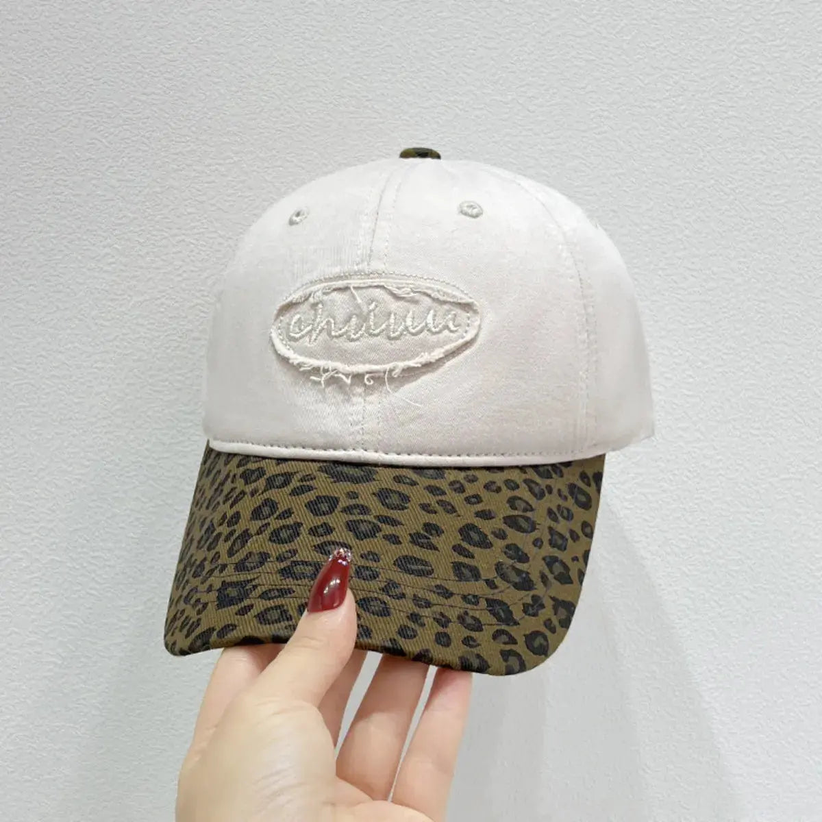 Leopard Print Baseball Cap with Embroidered Letter by Partner Label