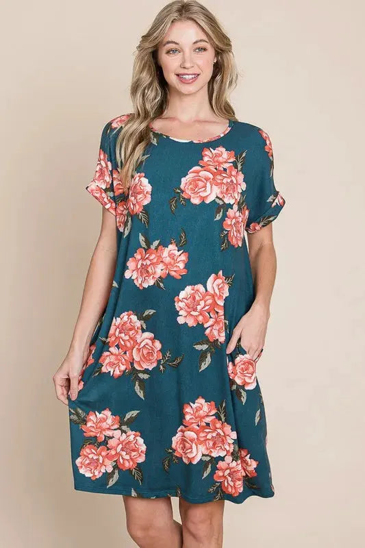 BOMBOM Floral Round Neck Short Tee Dress with Pockets by BOMBOM