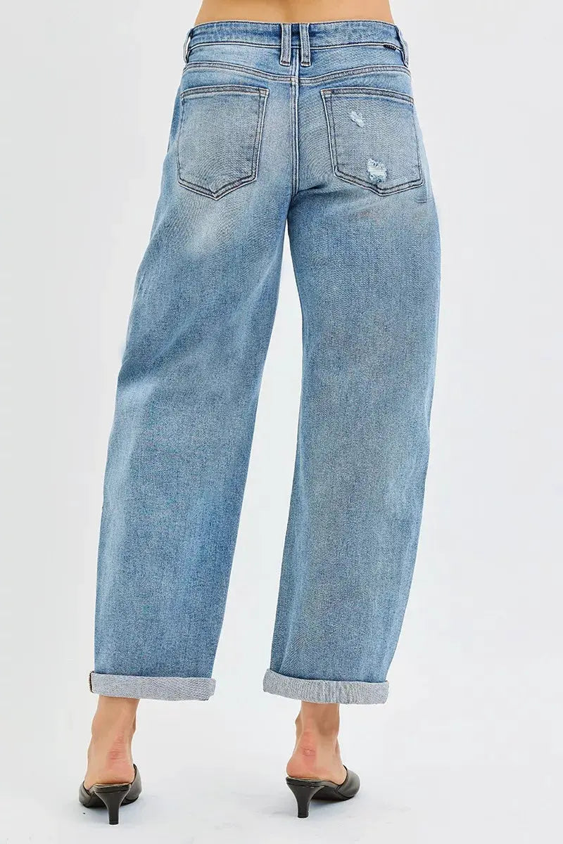 RISEN Full Size Slouchy Ankle Length Barrel Jeans with Cuffs Plus Size by RISEN