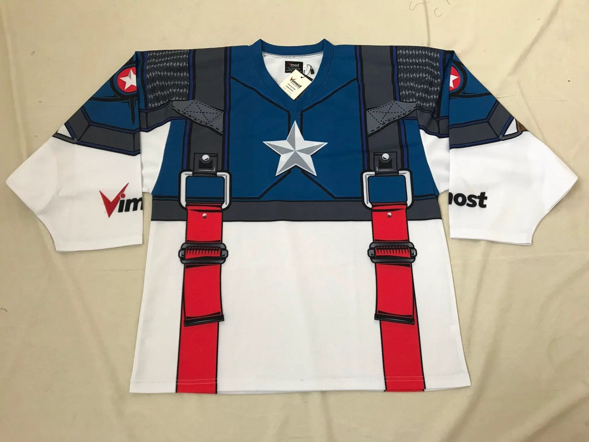 Custom Red White Blue Shield Ice Hockey Jersey by Vimost Sportswear