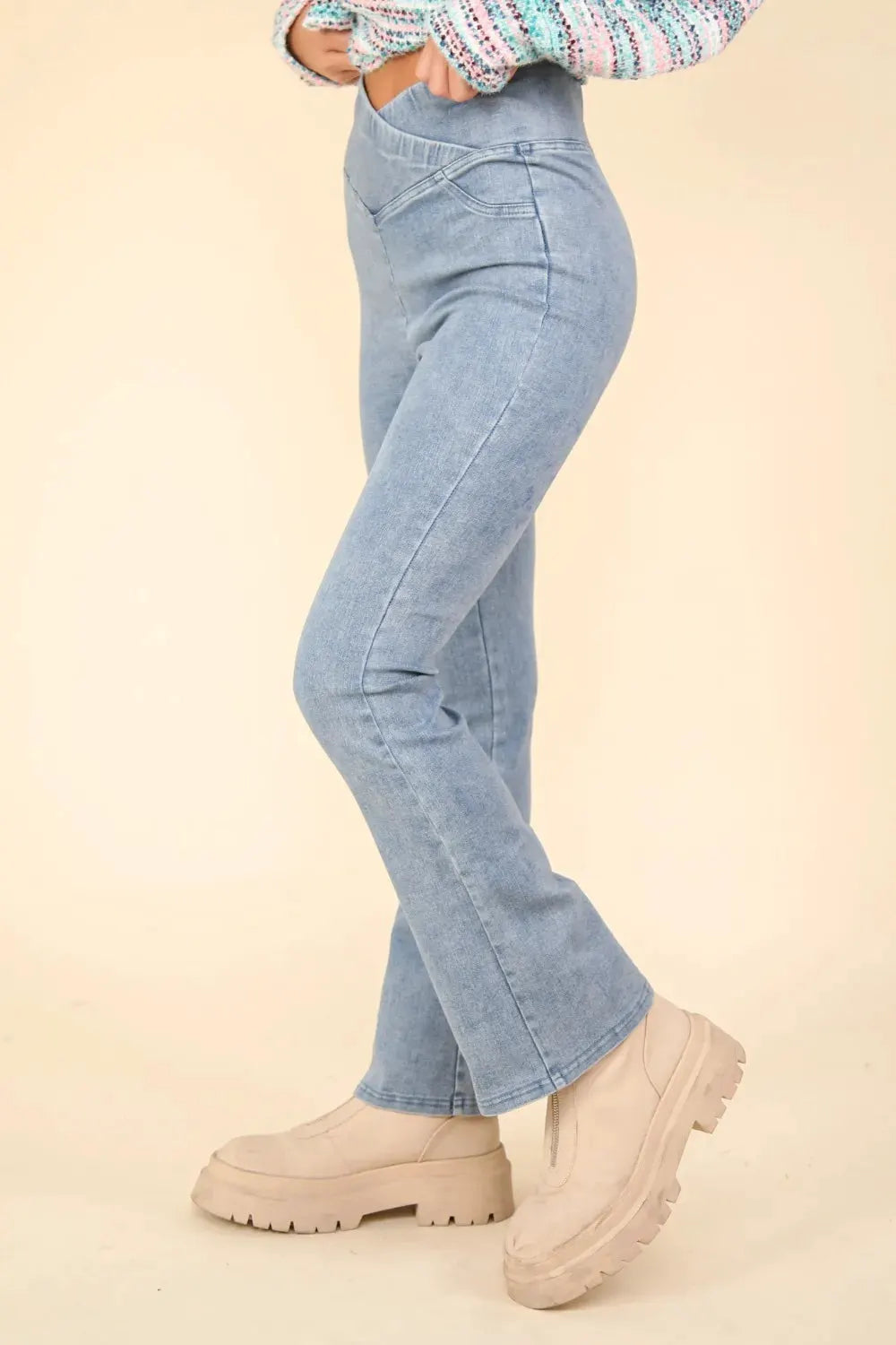VERY J Washed Denim Stretchy Crossover Waist Leggings by Very J