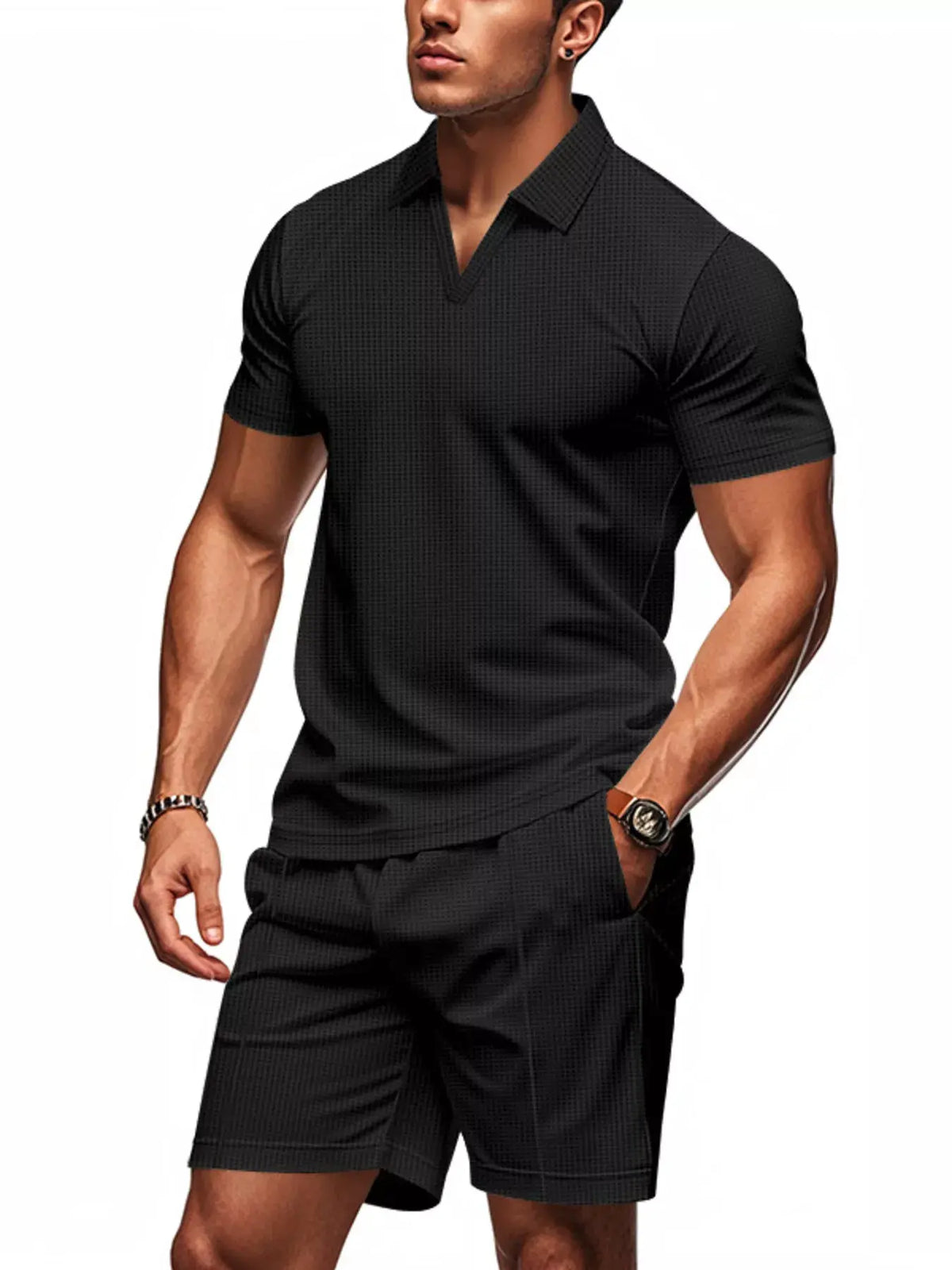 Men's Full Size Textured Short Sleeve Polo and Shorts Set Plus Size by Trendsi