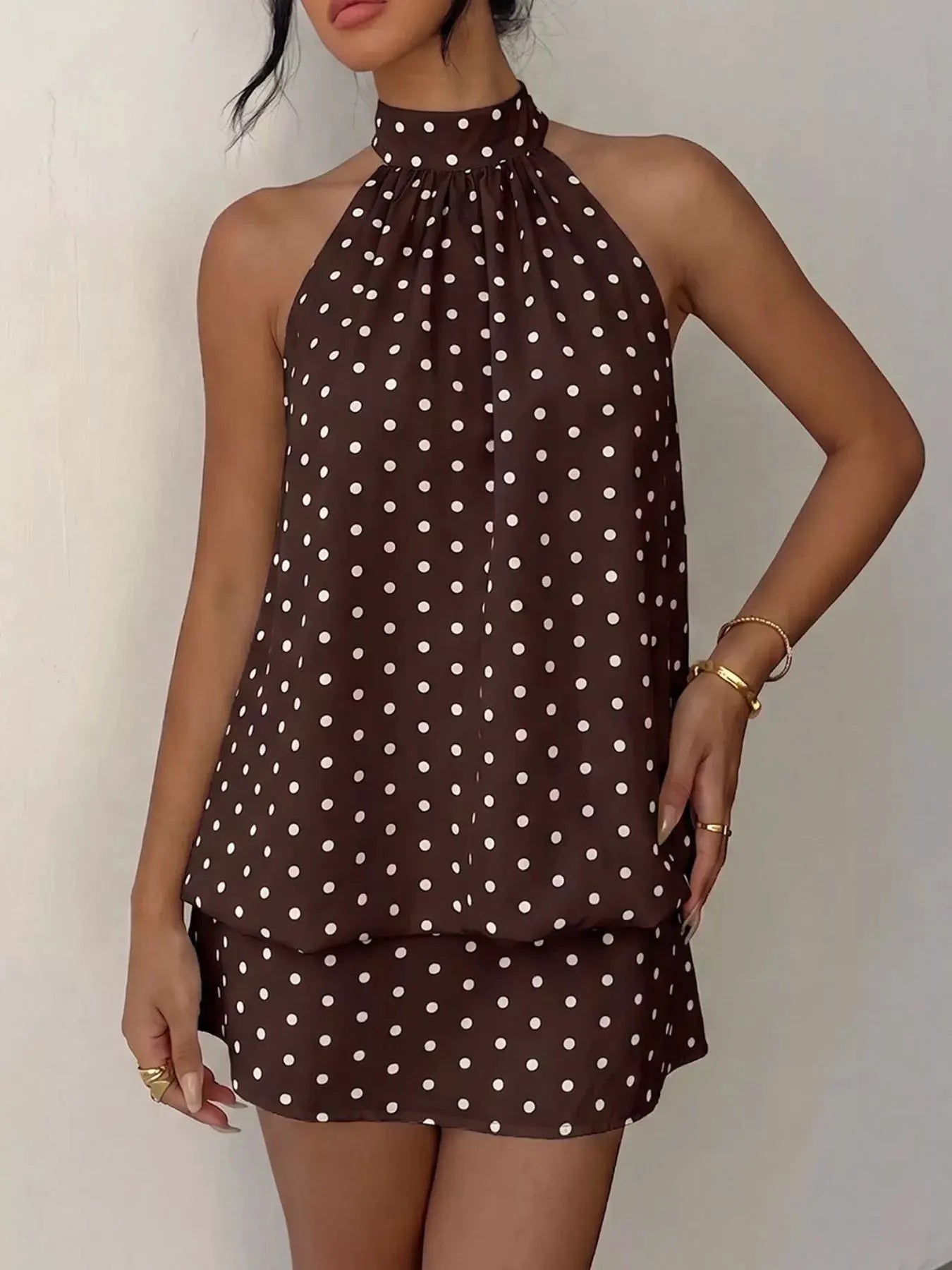 Polka Dot Halter Neck Mini Dress by Trendsi