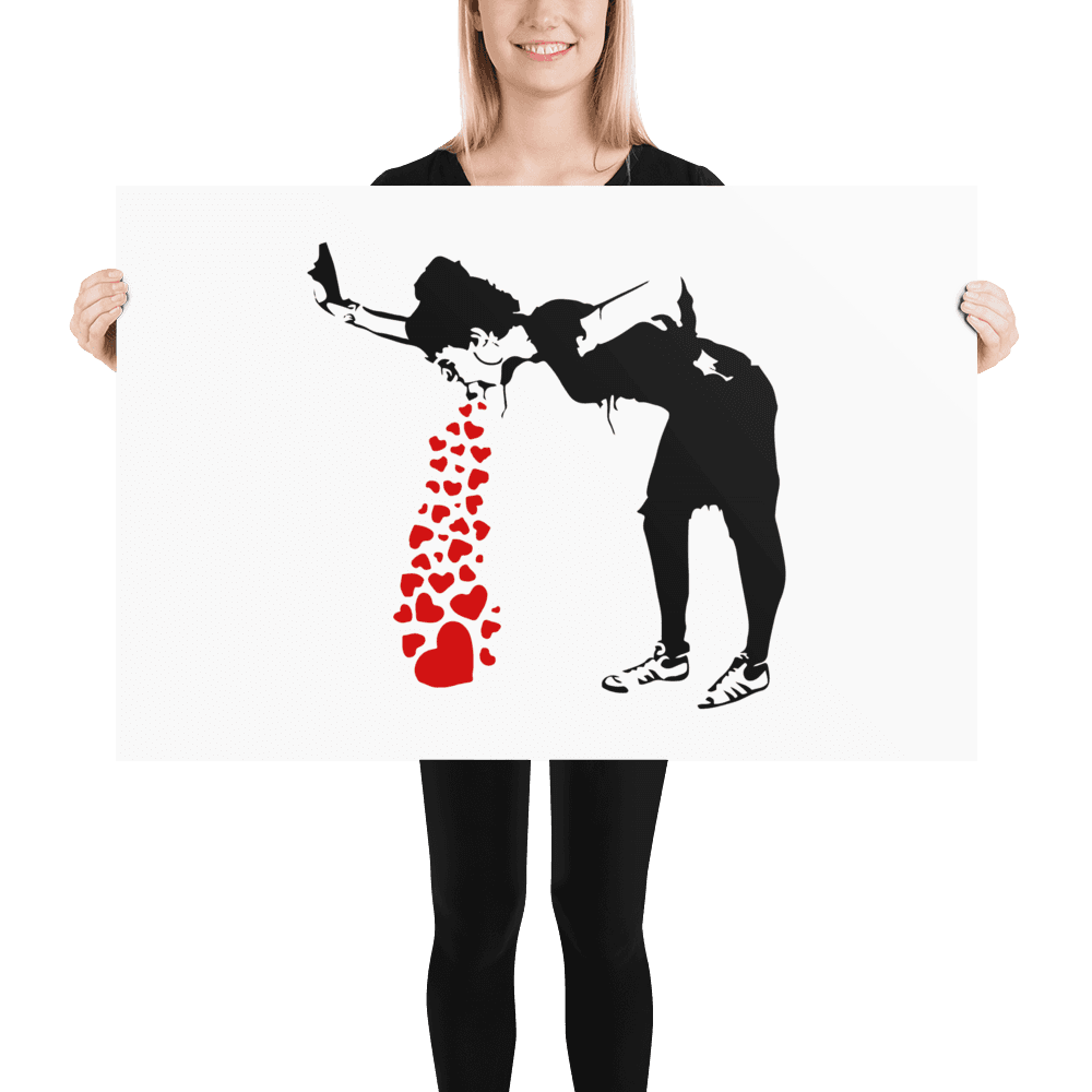 Banksy Lovesick Girl Throwing up Hearts artwork poster by Art-O-Rama Shop