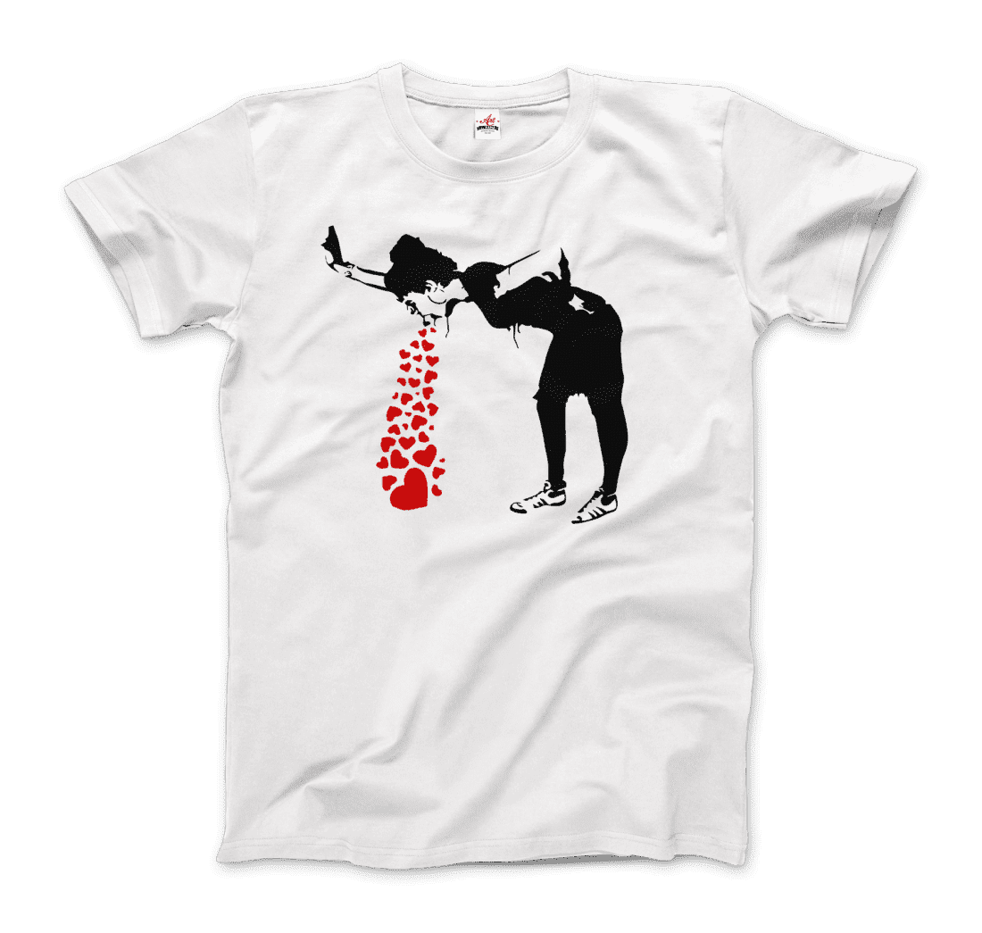 Banksy Lovesick Girl Throwing up Hearts artwork t-shirt by Art-O-Rama Shop