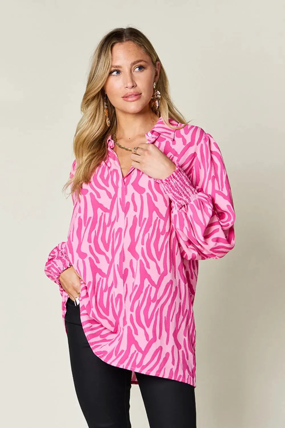 Double Take Full Size Printed Smocked Long Sleeve Blouse Plus Size by Double Take