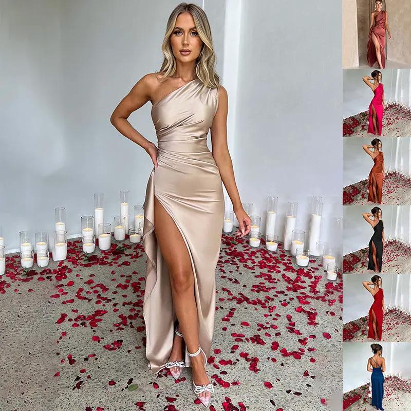 Sexy One-shoulder Backless Slit Dress Summer Elegant Slim-fit Solid Color Satin Dresses For Women by Maiden-Art