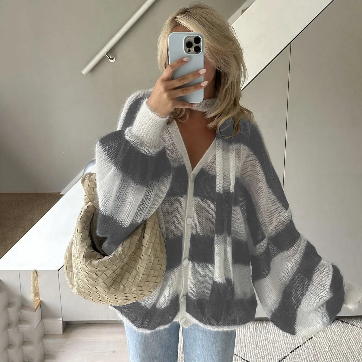 Loose And Idle Striped Sweater Cardigan With Scarf by Maiden-Art