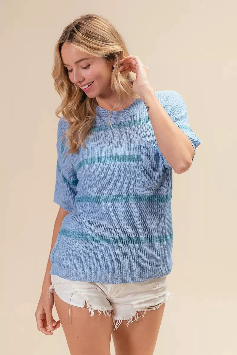 BiBi Patch Pocket Striped Lightweight Sweater Top by BiBi