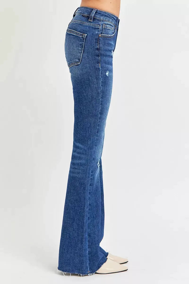RISEN Full Size Distressed Mid Rise Flare Jeans Plus Size by RISEN