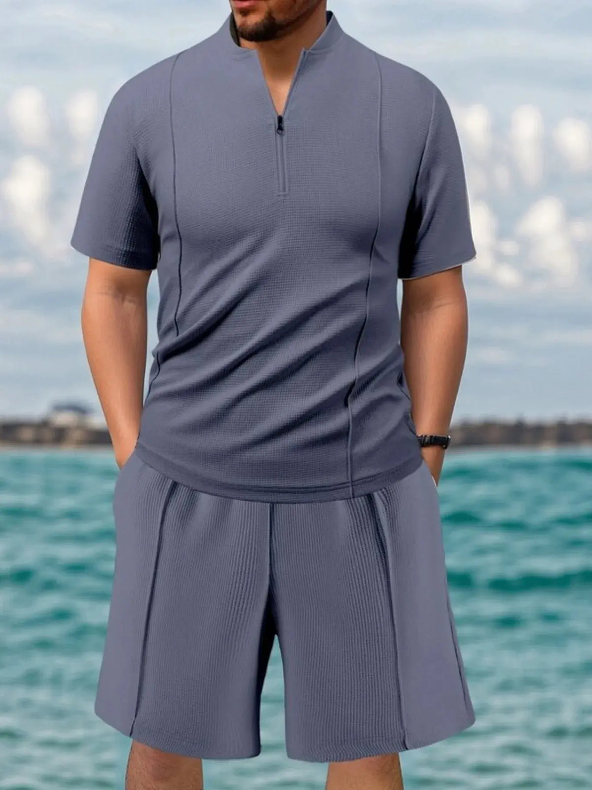 Men's Full Size Zip Front Short Sleeve Top and Shorts Set Plus Size by Trendsi