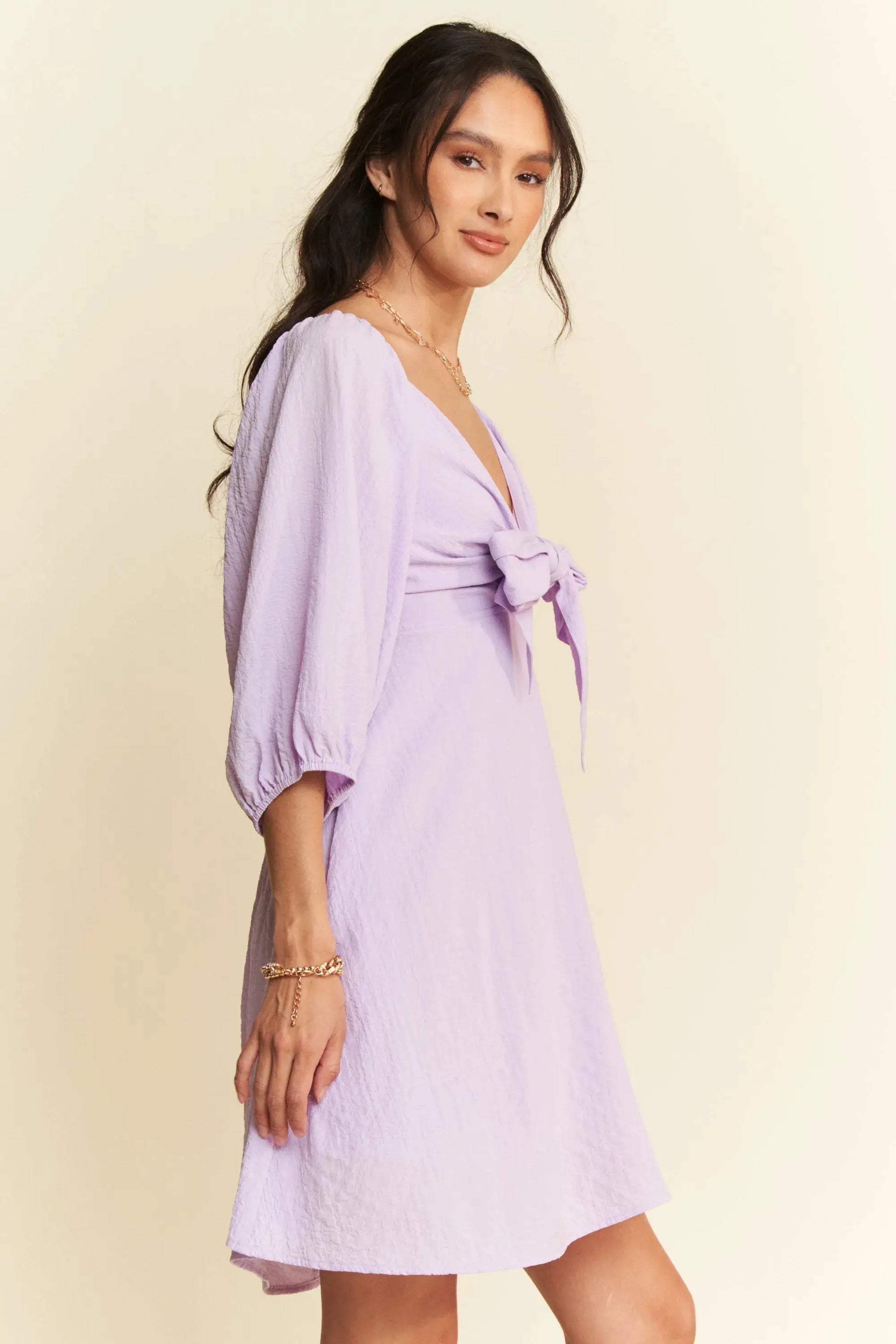Davi & Dani Self-Tie Puff Sleeve Smocking Open Back Mini Dress by Davi & Dani