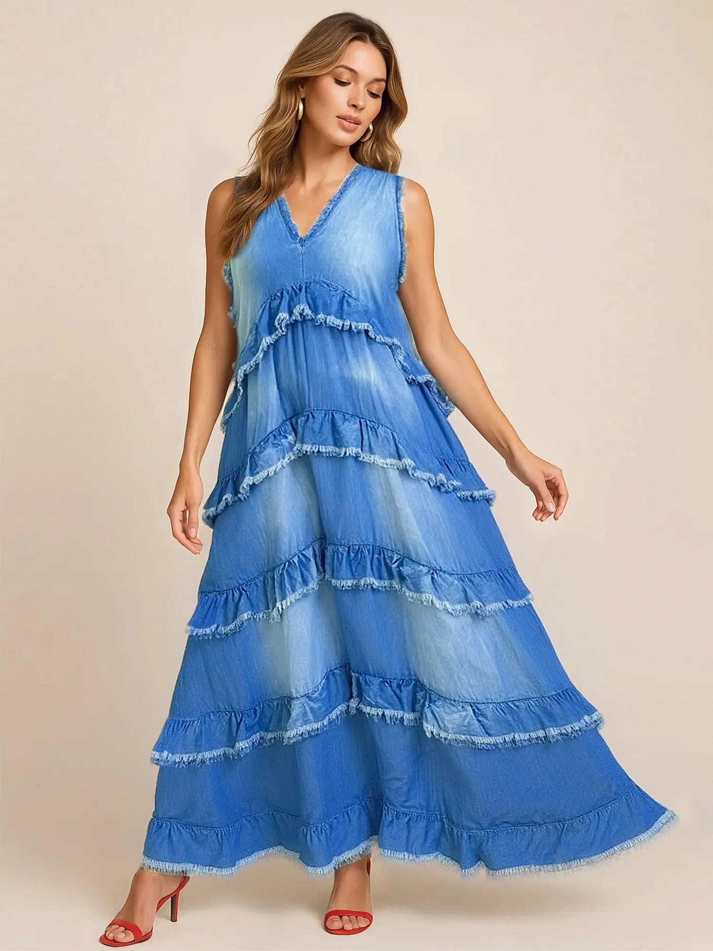 Raw Hem Layered Denim Maxi Dress by Partner Label