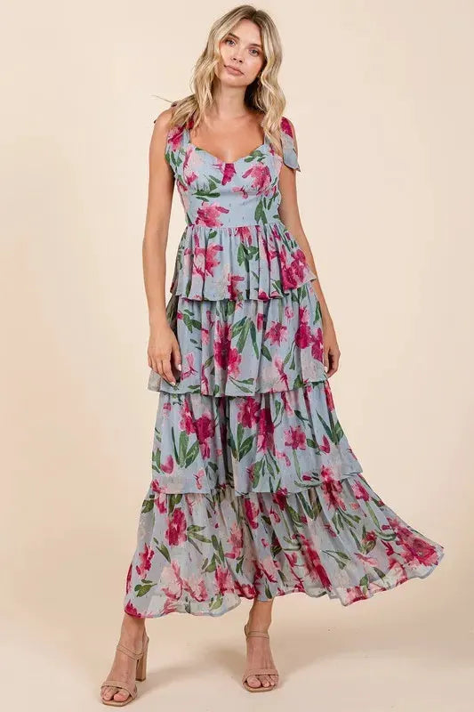 Mittoshop Layered Floral Sweetheart Neck Maxi Dress by Mittoshop