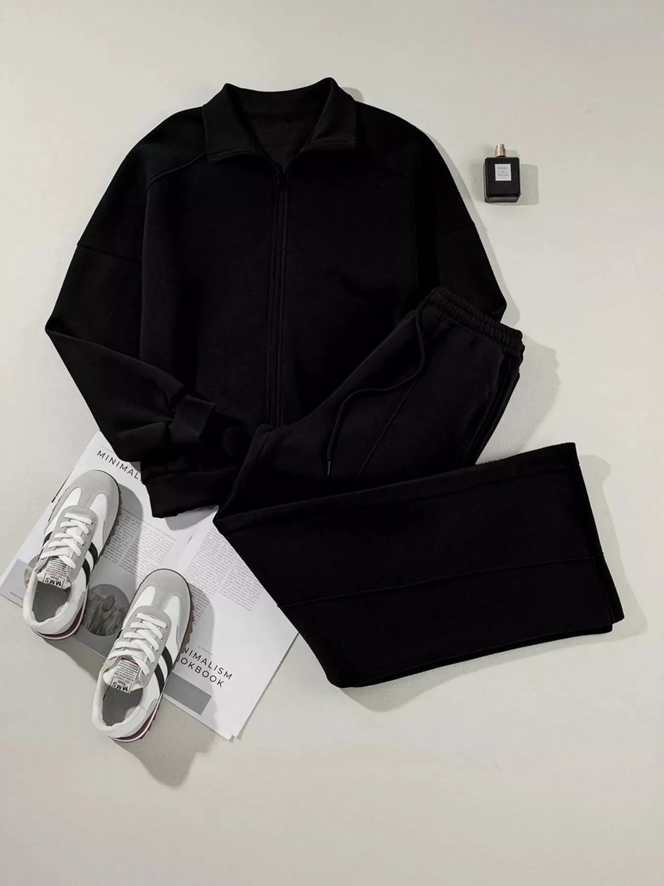 Drop Shoulder Zip Up Jacket and Drawstring Pants Active 2pcs Set by Partner Label