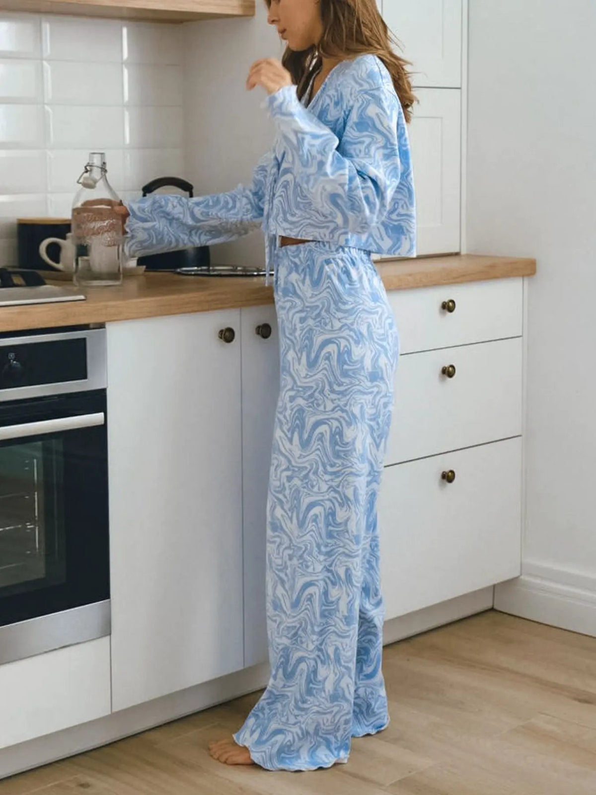 Tie Front Long Sleeve Top and Pants Lounge Set by Partner Label