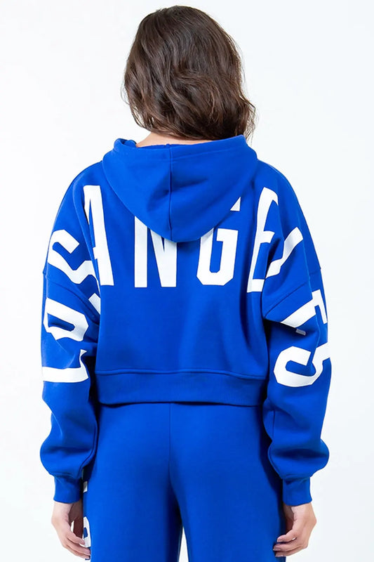 American Bazi Letter Graphic Long Sleeve Drawstring Cropped Hoodie by American Bazi