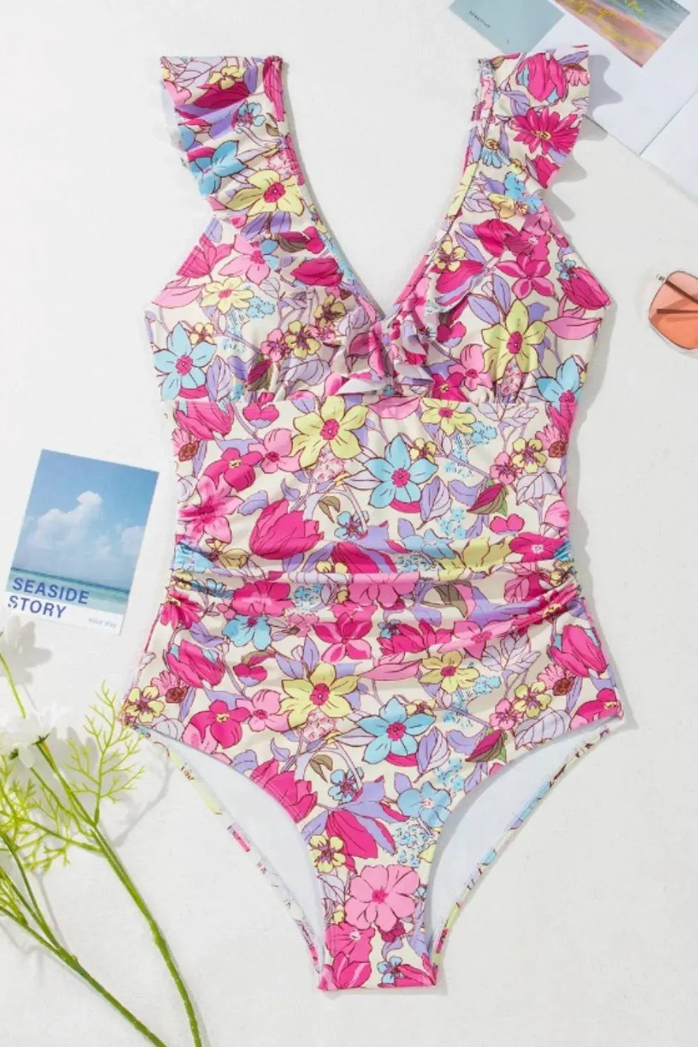 Floral Ruffle Trim Tummy Control One Piece Swimsuit by Partner Label
