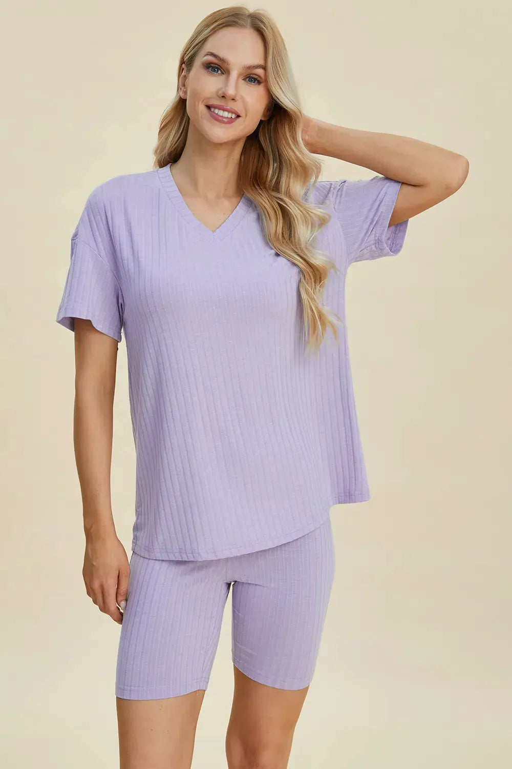 Basic Bae Full Size Ribbed V-Neck Short Sleeve Top and Shorts Set by Basic Bae