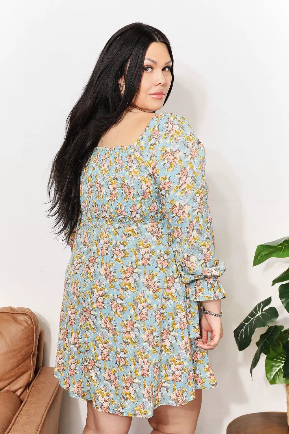 Honey Floral Smocked Flounce Sleeve Square Neck Dress by Honey