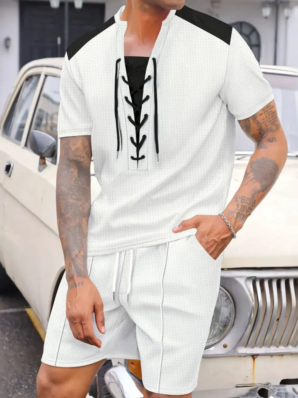 Men's Full Size Lace-Up Waffle Knit Top and Shorts Set Plus Size by Partner Label