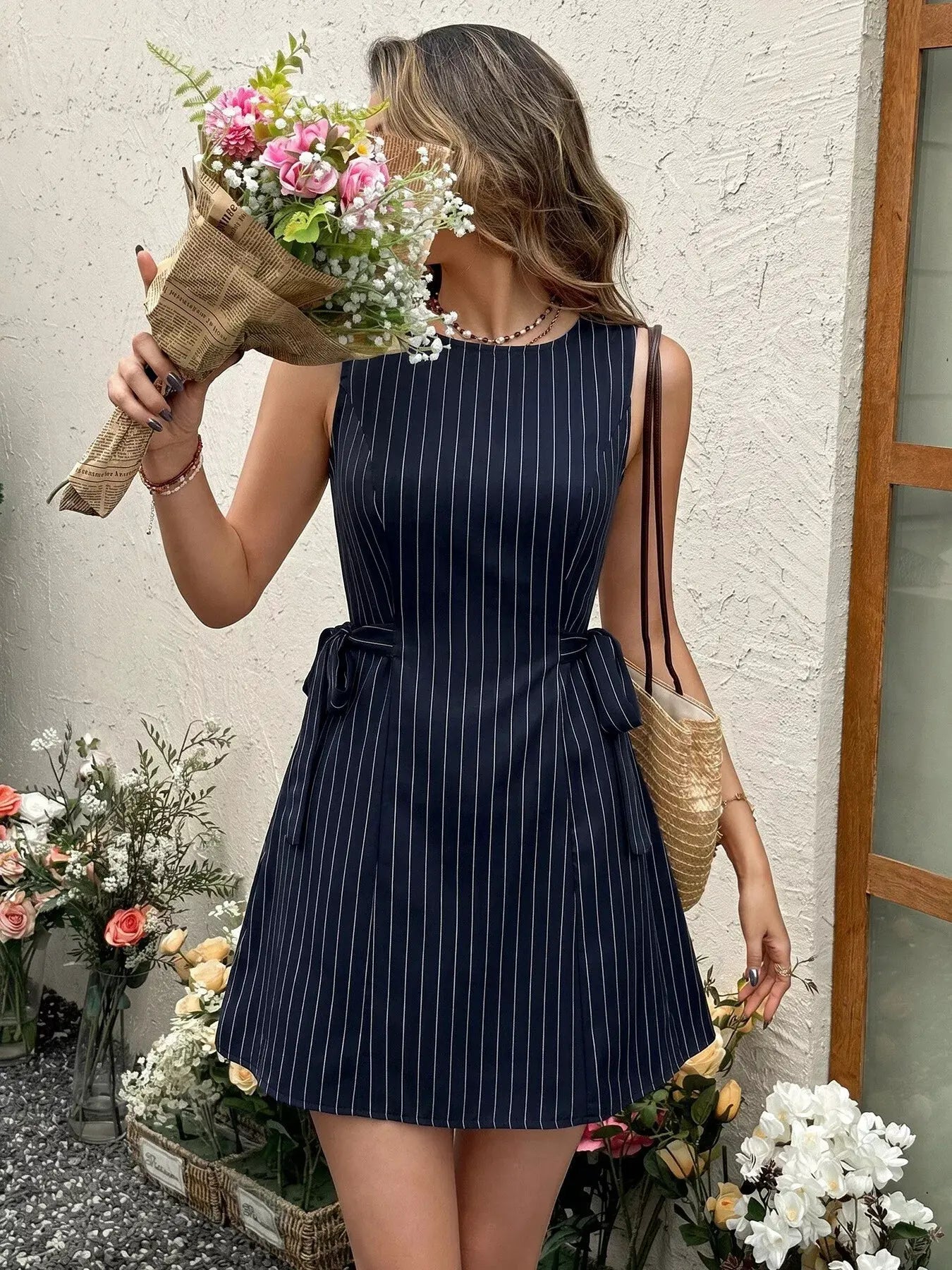 Striped Sleeveless Tie Waist Dress by Partner Label