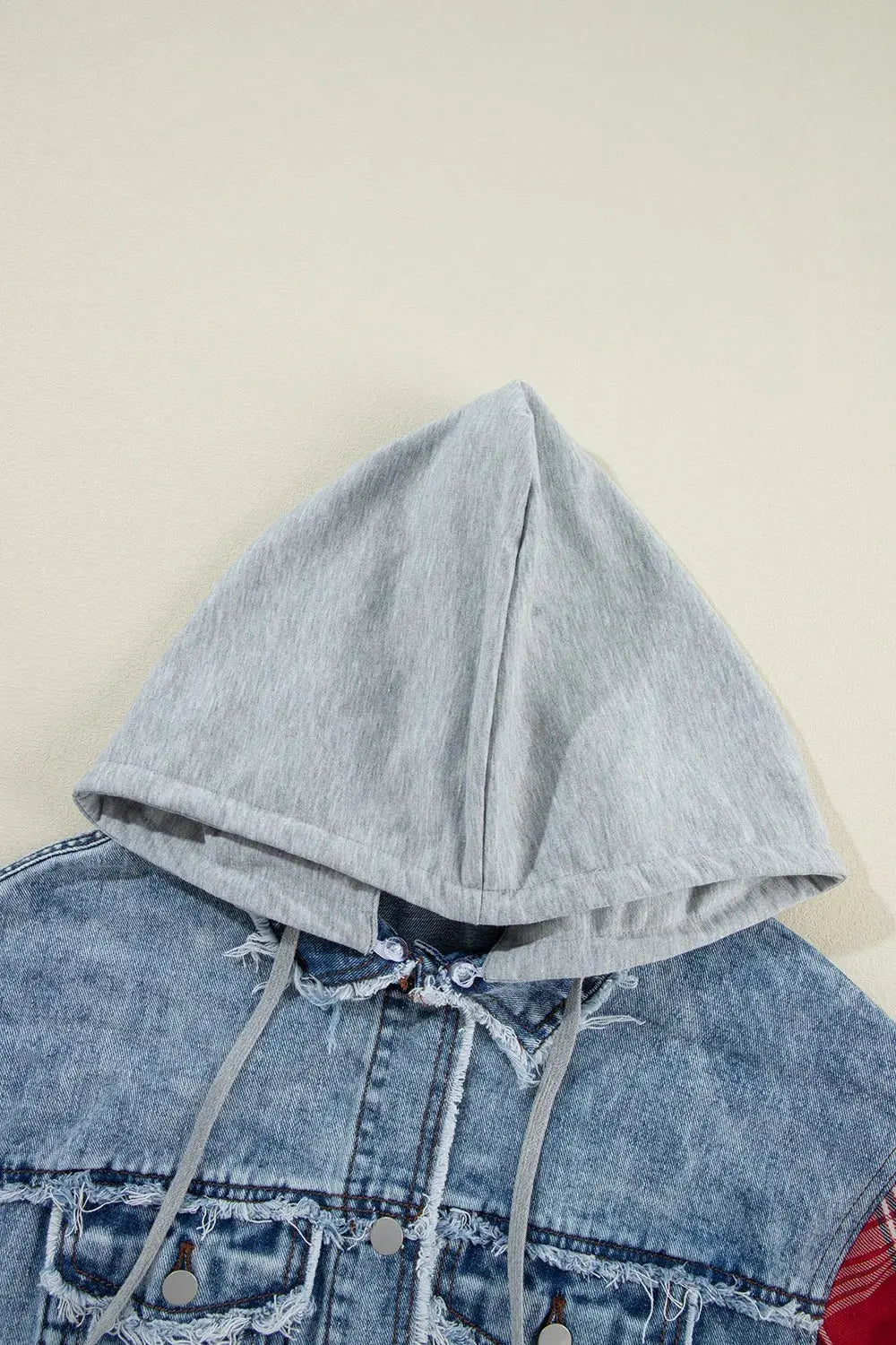 Raw Hem Drawstring Plaid Denim Jacket by Partner Label