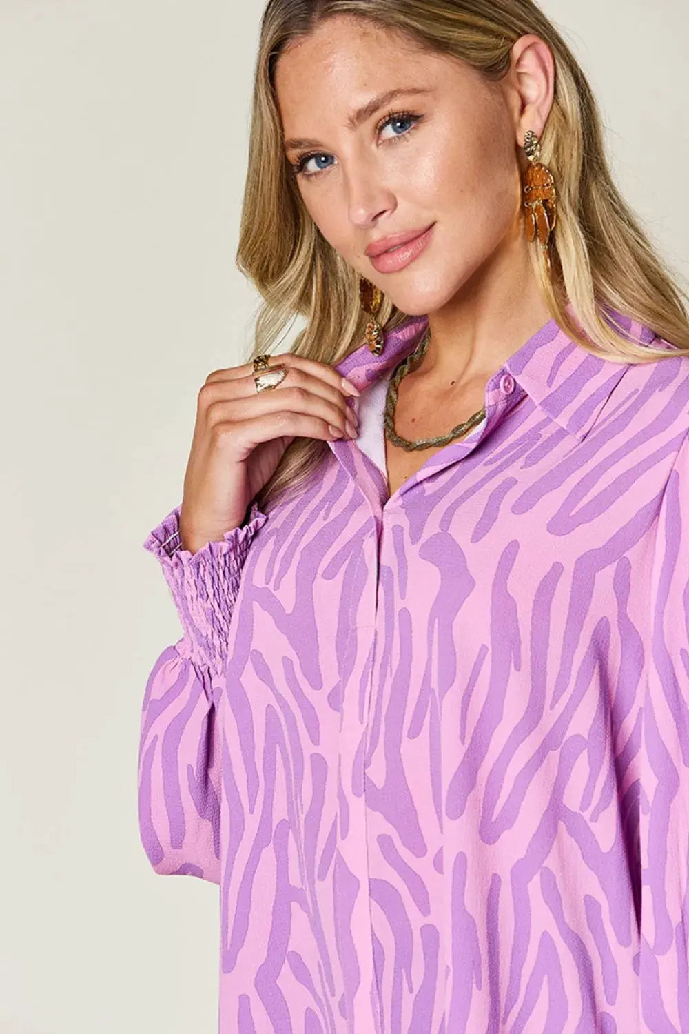 Double Take Full Size Printed Smocked Long Sleeve Blouse Plus Size by Double Take