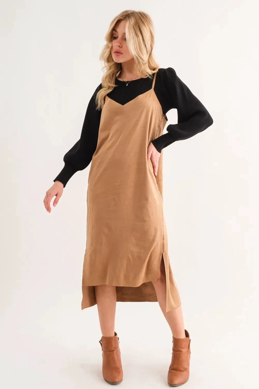 And The Why Faux Suede Cut Edge Slit Cami Midi Dress by And The Why