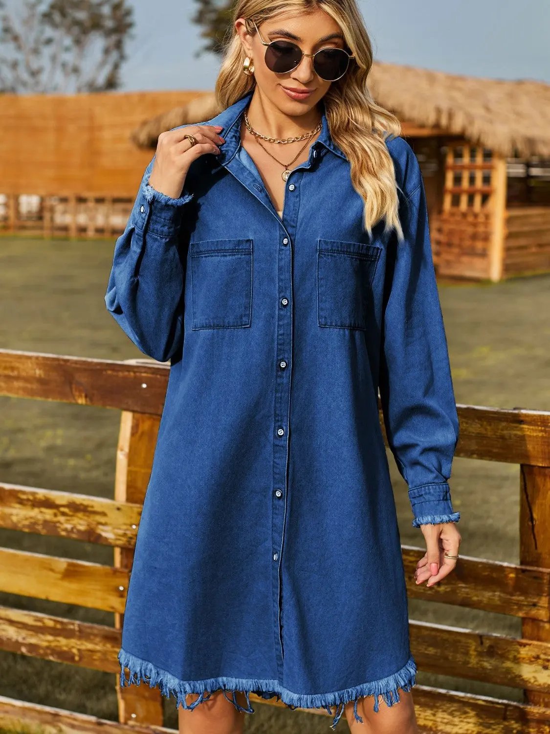 Button Up Collared Neck Raw Hem Denim Dress by Partner Label