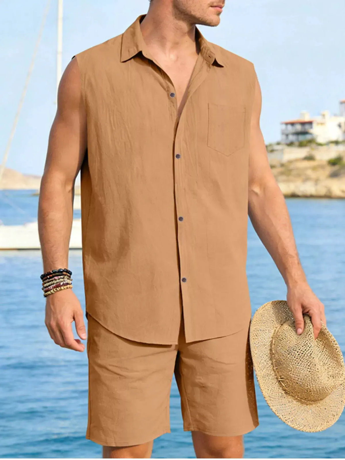 Men's Full Size Button Up Sleeveless Top and Shorts Plus Size by Trendsi