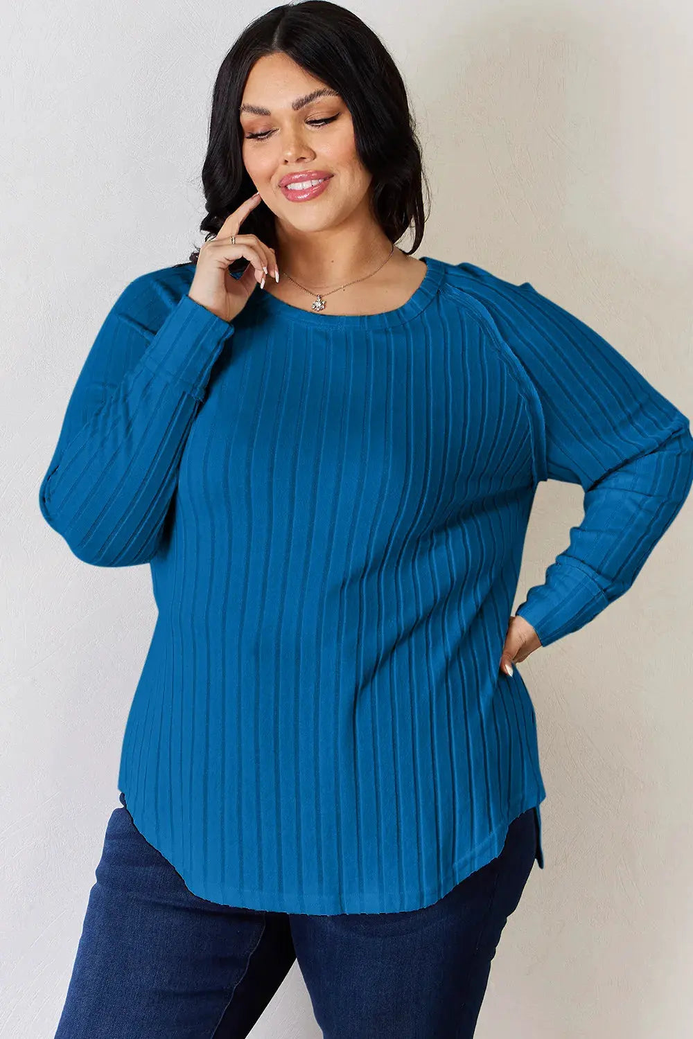 Basic Bae Full Size Ribbed Round Neck Slit T‑Shirt | Partner Labels Selection by Partner Label