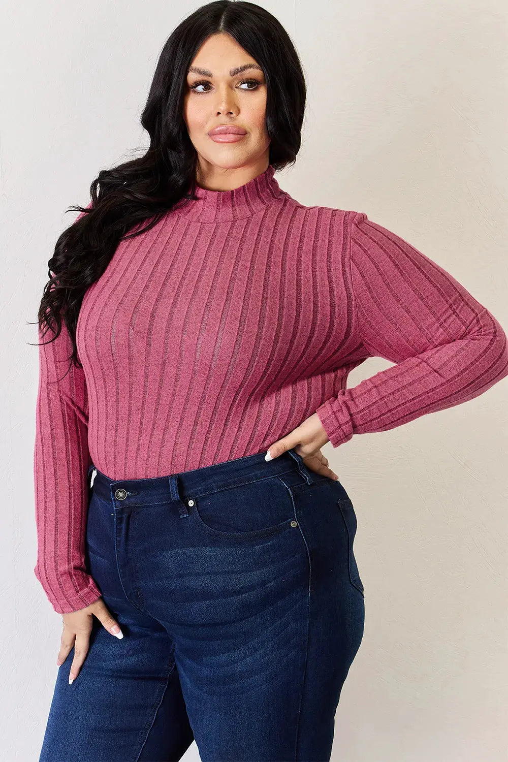Basic Bae Full Size Ribbed Mock Neck Long Sleeve T-Shirt by Basic Bae