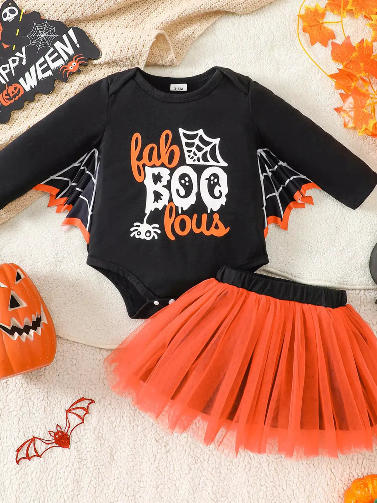 Children's Halloween 'Fab-Boo-Lous' Bat Wing Long Sleeve Top and Tulle Skirt Set by Trendsi