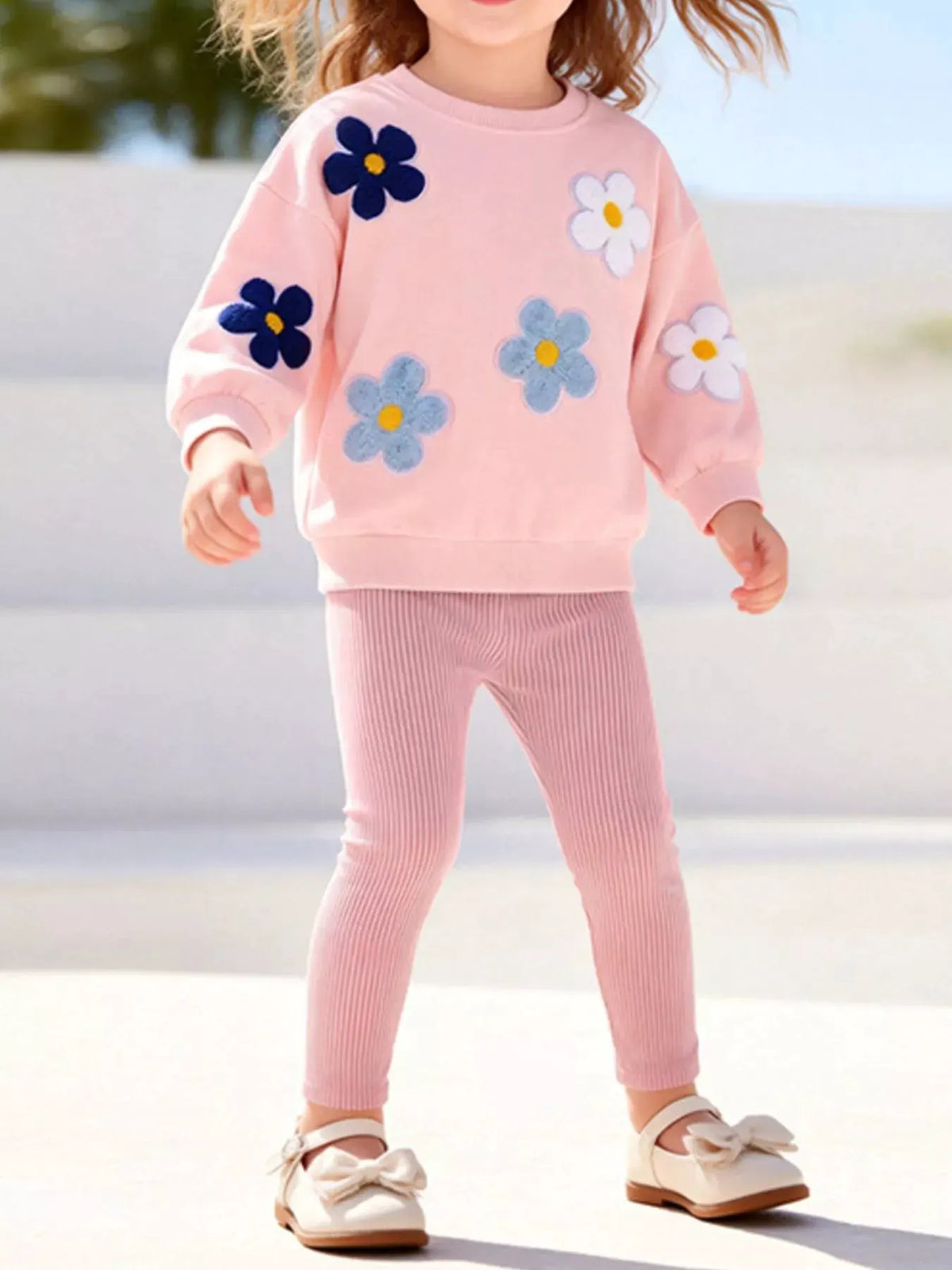 Children's Floral Applique Sweatshirt and Ribbed Leggings Set by Trendsi