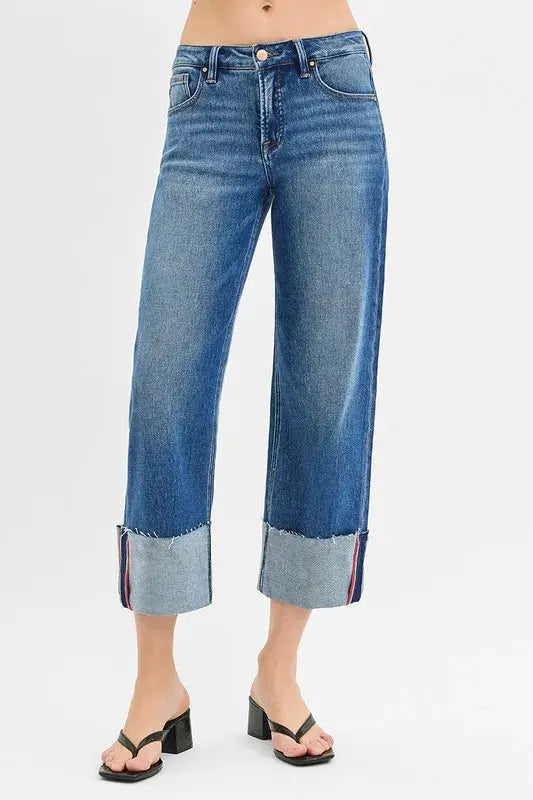 RISEN Full Size Tummy Control Mid Rise Crop Wide Cuffed Jeans Plus Size by RISEN