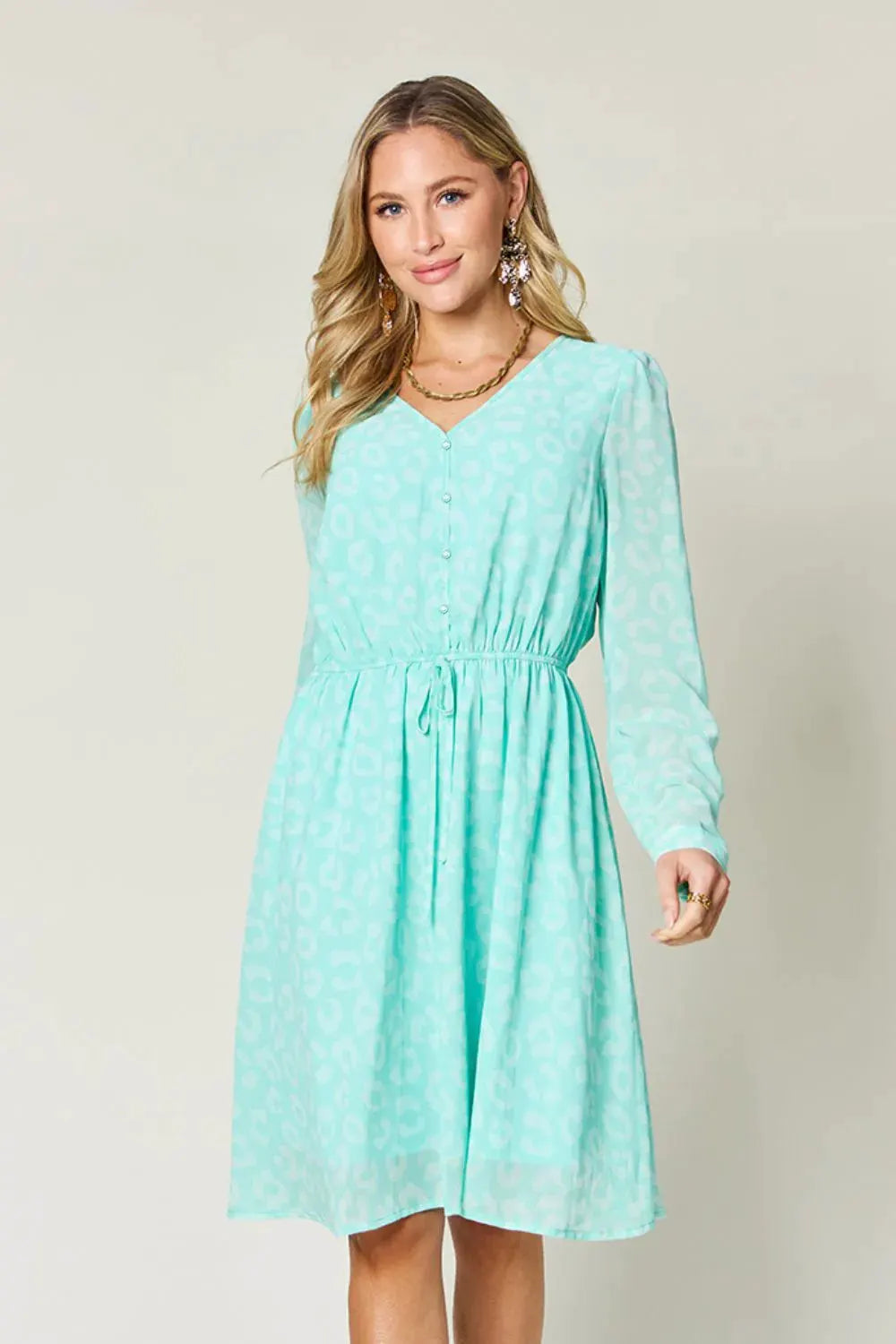Double Take Full Size Printed Ruched V-Neck Long Sleeve Dress by Double Take