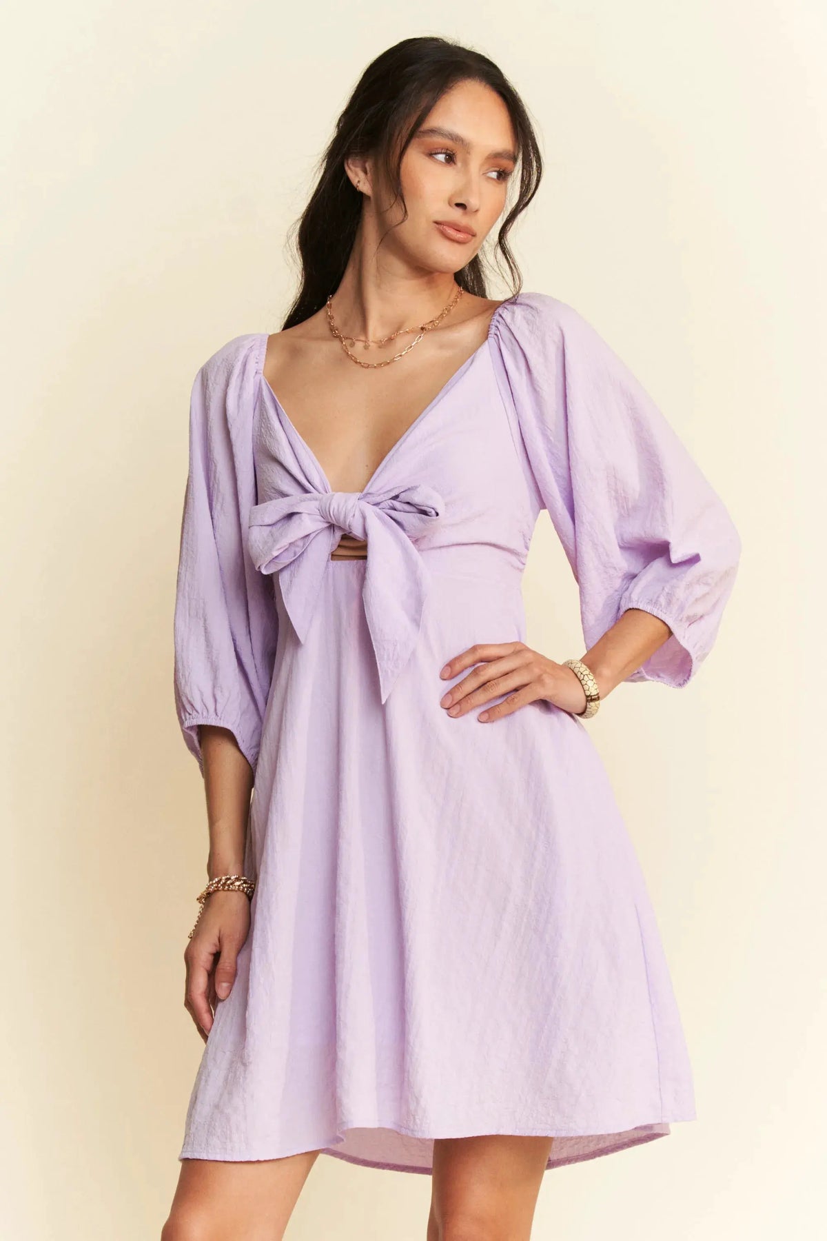 Davi & Dani Self-Tie Puff Sleeve Smocking Open Back Mini Dress by Davi & Dani