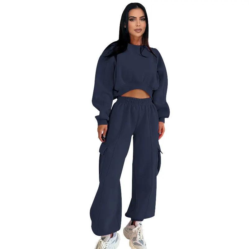 European And American Autumn New Round Neck High Waist Sweater Pocket Loose Sweatpants Suit by Maiden-Art