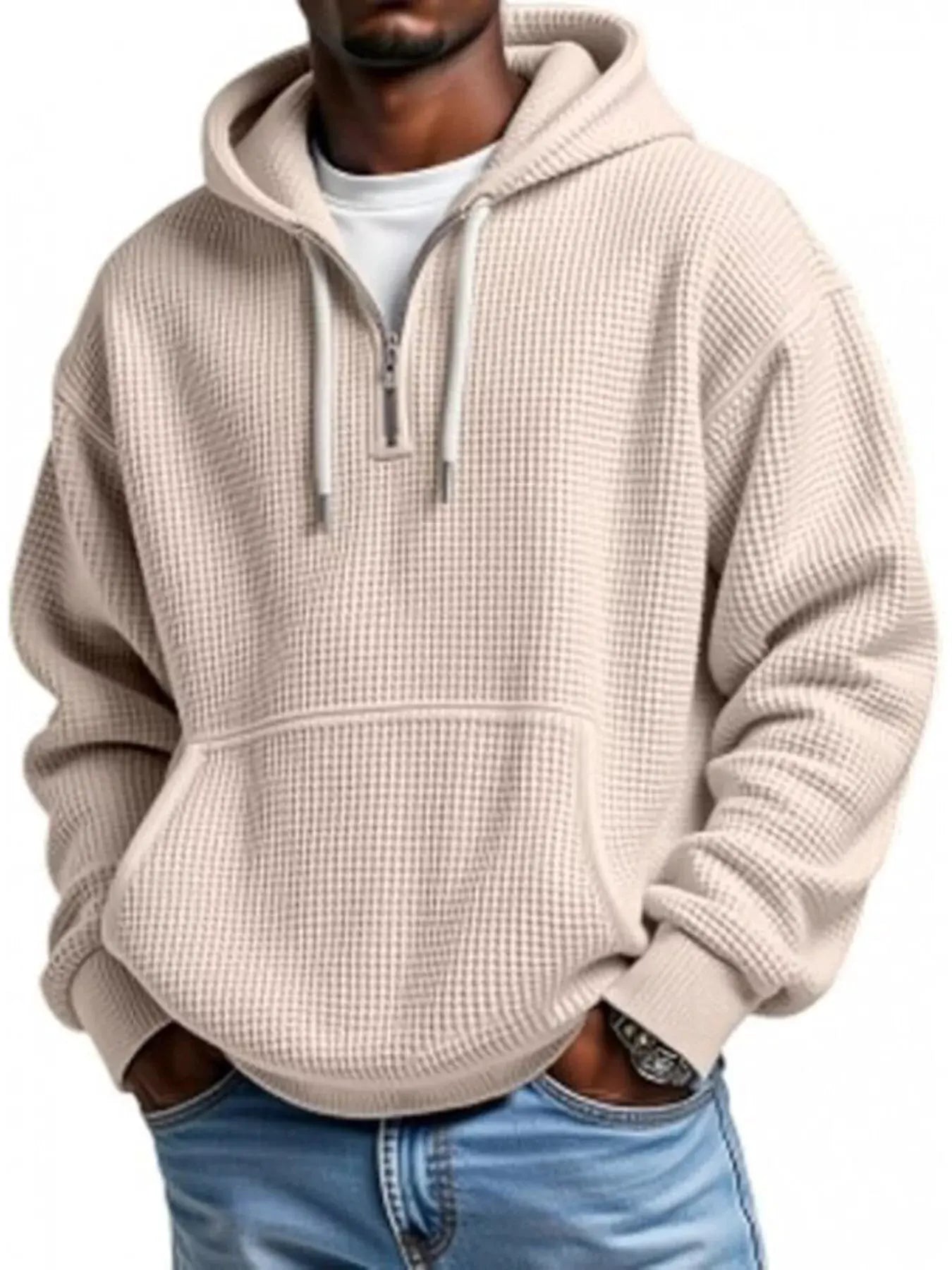 Men's Full Size Waffle Knit Quarter Zip Hoodie Plus Size by Trendsi