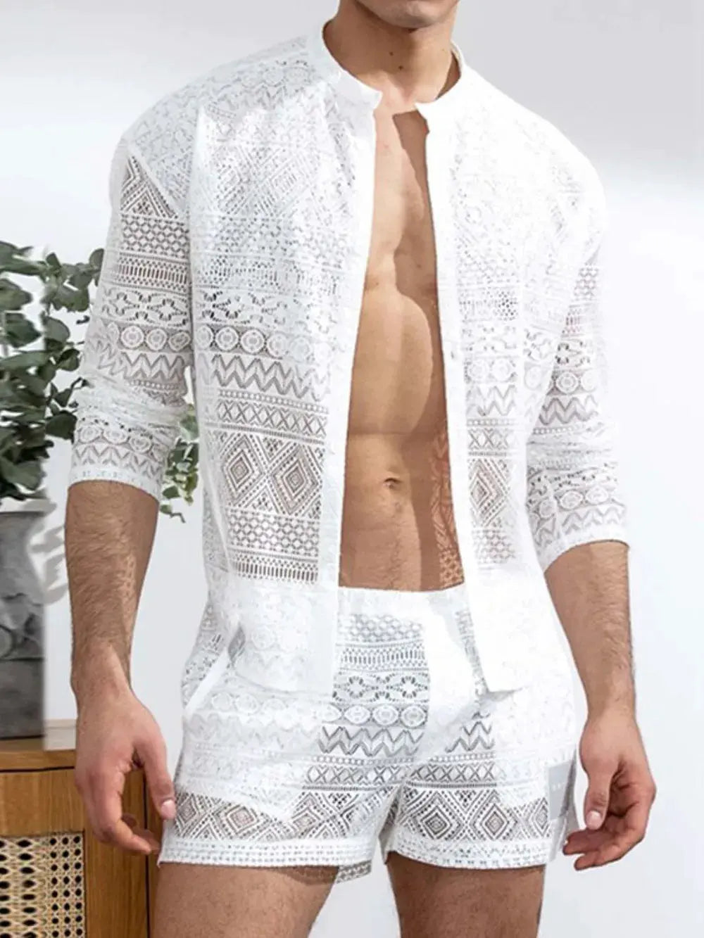 Men's Full Size Lace Button Down Top and Shorts Set Plus Size by Trendsi